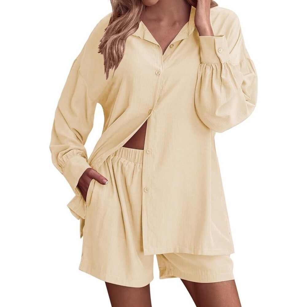 Size L NWT 2 piece Cream Ekouaer shorts and shirt set vacation resort school